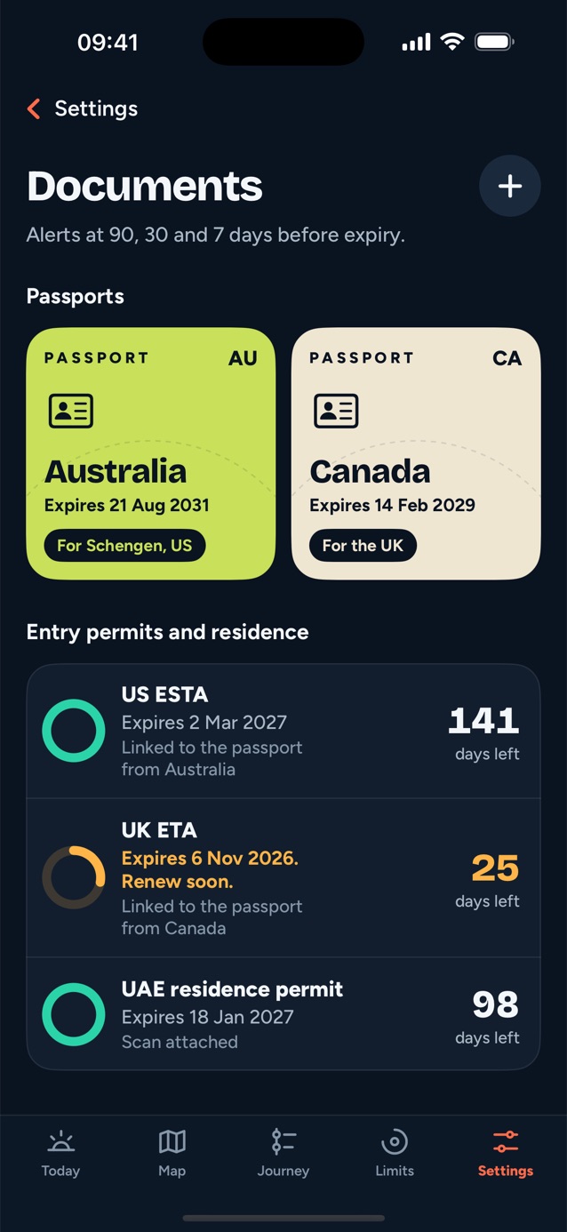 Ternslog Documents screen: passports, a US ESTA, a UK ETA and a UAE residence permit with days left before each expires