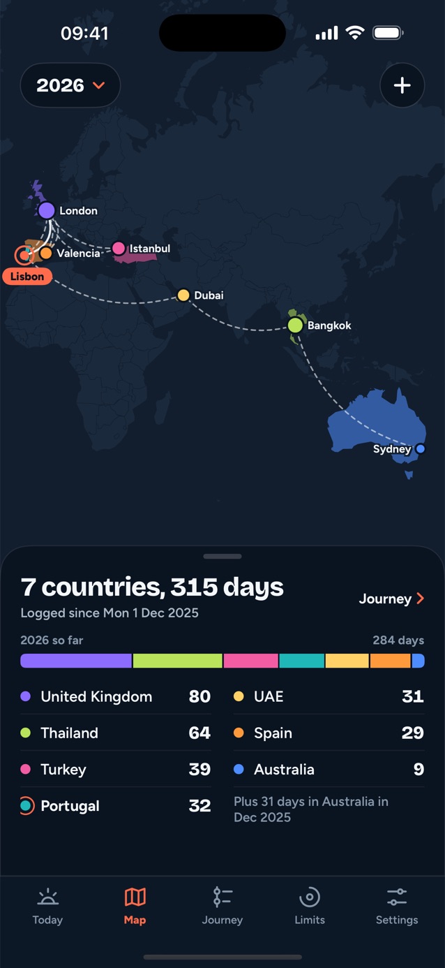 Ternslog travel map of 2026: seven countries and 315 days, with the route from Sydney through Bangkok and Dubai to Lisbon