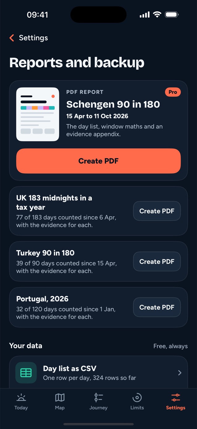 Ternslog Reports screen: Schengen and UK tax year PDF day reports with an evidence appendix, and a CSV day list